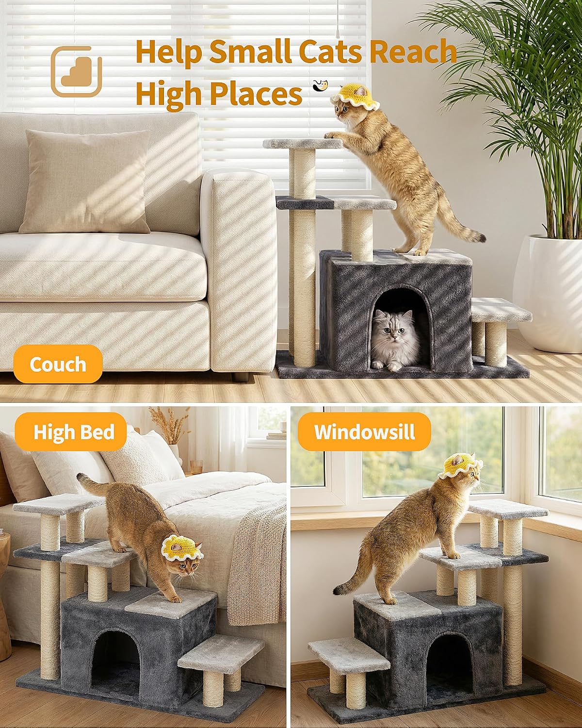 3-in-1 Pet Stairs for Cats, Dog Steps for Small Doggie Rabbits – Essentials for Cats - Extra Large-Gray - image 3