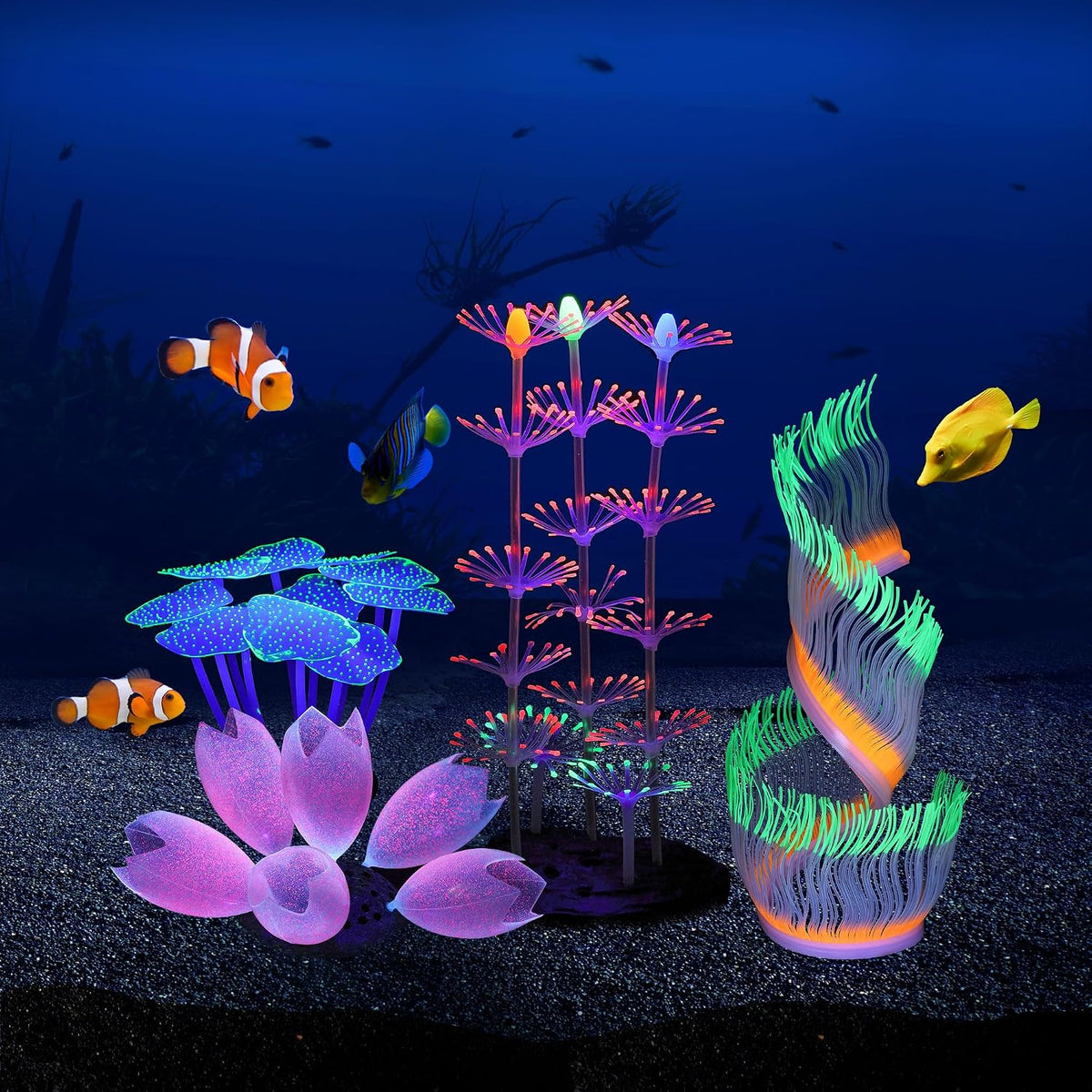 Glowing Fish Tank Decoration Aquarium Plants Accessories Kit #2 – Essentials for Fish - Princess Anemone+strip Coral+Coral+anemone