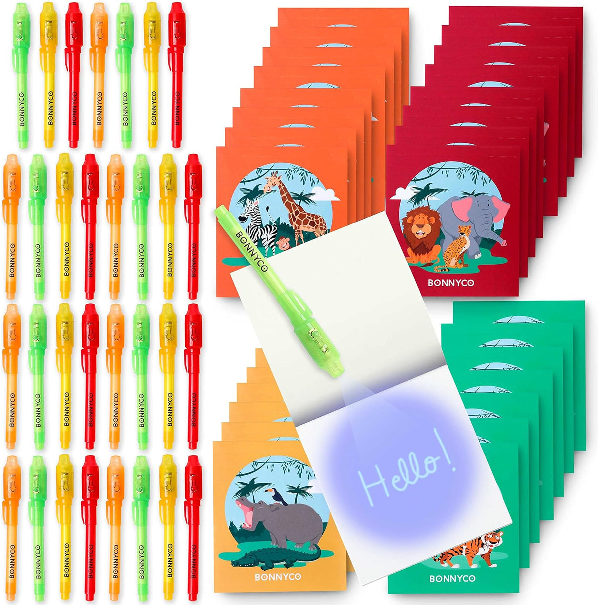 BONNYCO Invisible Ink Pen and Notebook Pack of 16 Party Favors - Jungle - Pack 32