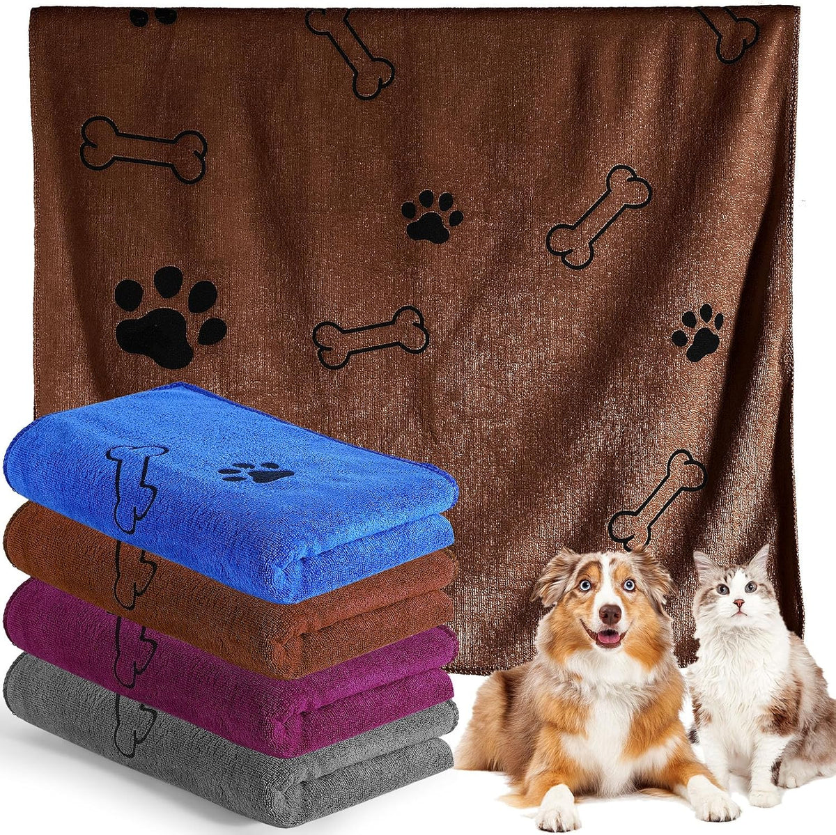 Chumia 4 Pcs Dog Towels for Drying Dog Puppy Bulk Microfiber - 24 x 40 Inch / Grey, Sapphire Blue, Coffee, Burgundy