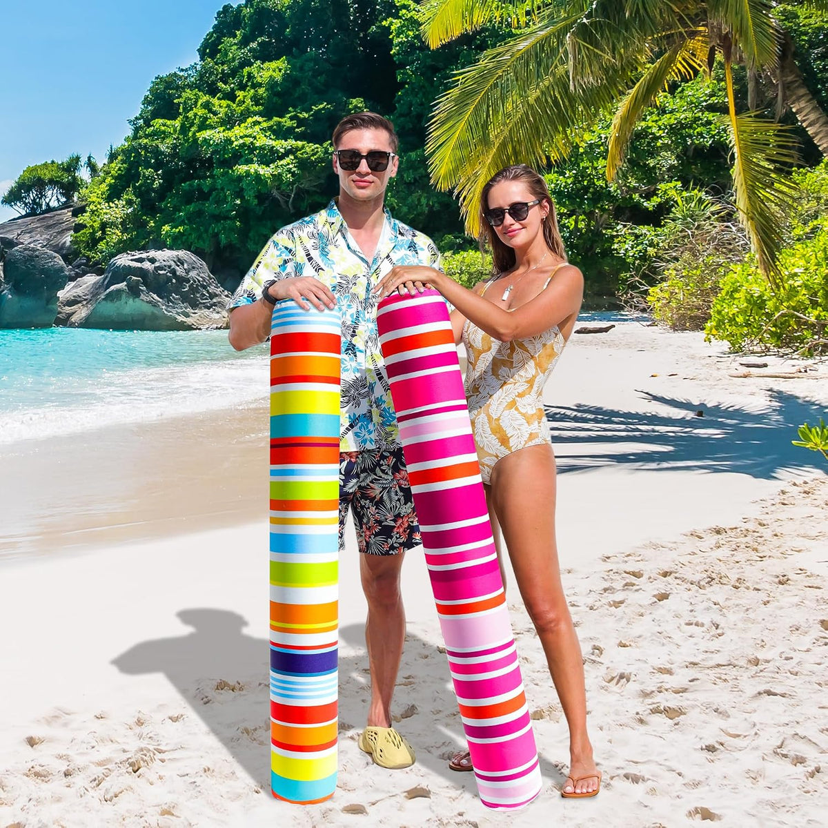 FindUWill 2-pack inflatable fabric-covered pool noodles in blue and green flower print - view 13