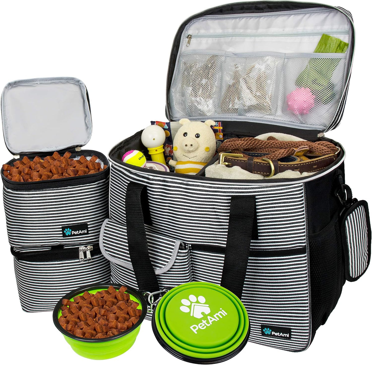 PetAmi Dog Travel Bag Organizer, Pet Supplies Diaper Tote - Large - 15.5"L x 9.5"W x 14.0"H / Stripe Black