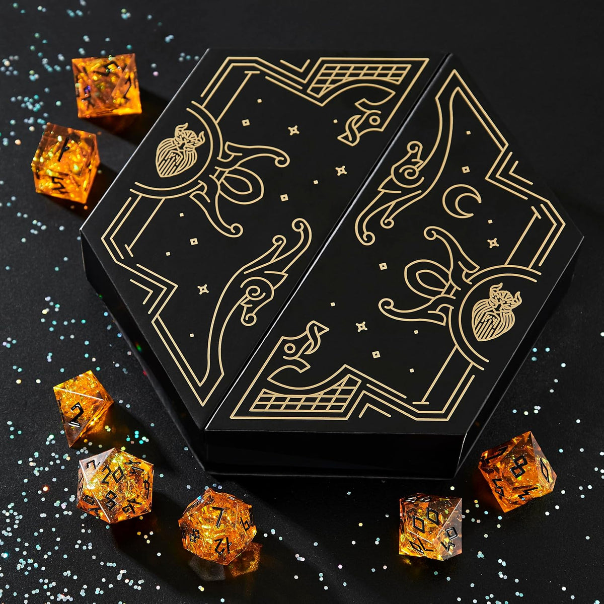 HEIMDALLR liquid core DND dice set in Fenrir's Shadow with glowing LED display box - view 21