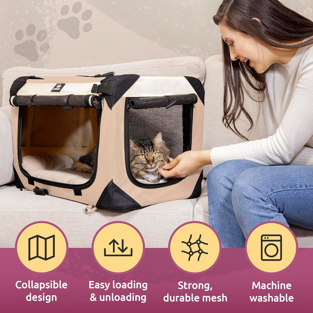 Cat & Dog Pet Carrier, Fits 2 Cats or Medium Dog Comfortably - Tan / Large - image 4