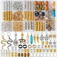Vaikby 200 piece hair jewelry set for braids and locs with gold and silver cuffs, rings and charms