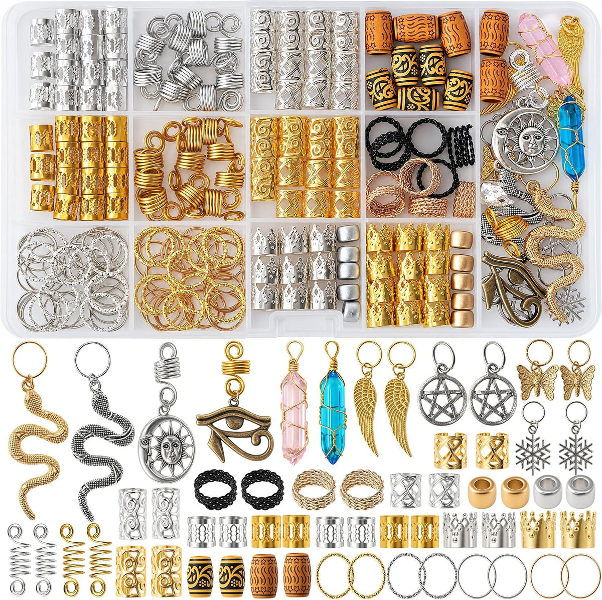Vaikby 200 piece hair jewelry set for braids and locs with gold and silver cuffs, rings and charms