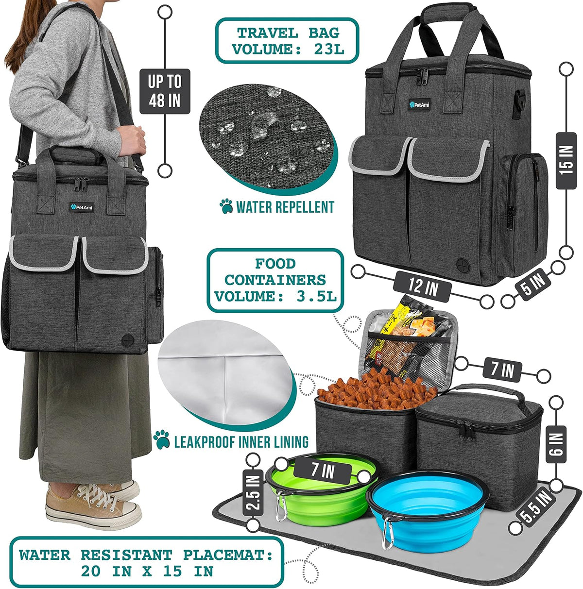 PetAmi Dog Travel Bag Organizer, Pet Supplies Diaper Tote - 12.0"L x 5.0"W x 15.0"H / Charcoal - image 2