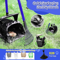 Lukovee Dog Pooper Scooper, 37.4" Long Adjustable Metal Handle Swivel Bin & Rake & Spade Kit with 20 Poop Bags, Portable Dog Non-Breakable Poop Scooper for Gravel Yard Lawn Grass, Blue