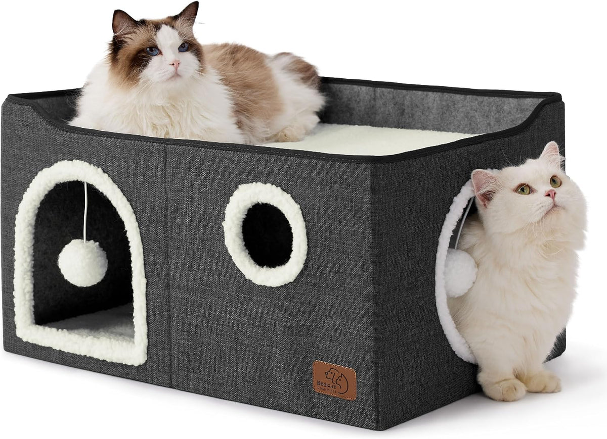 Bedsure Cat House Bed for Indoor Cats with Fluffy Ball and Scratch Pad - Dark Grey / Widen