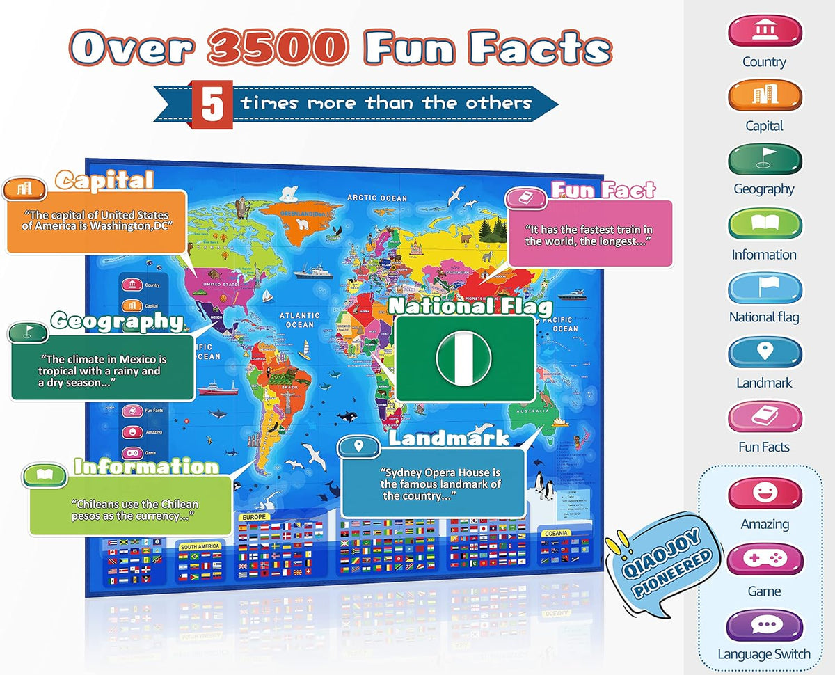 Qiaojoy Bilingual Interactive World Map for Kids Learning Educational - World Map & Search and find book - image 2