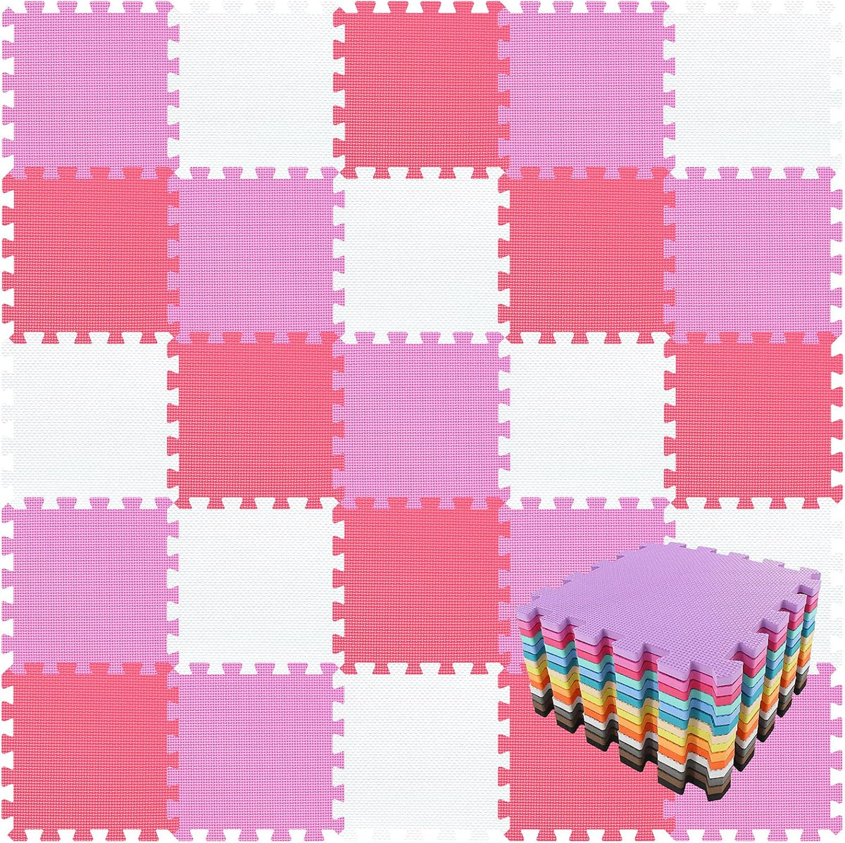 qqpp EVA Rubber 18 Tiles Interlocking Puzzle Foam Floor Mats - 18 Tiles / 3 White, Pink, Red