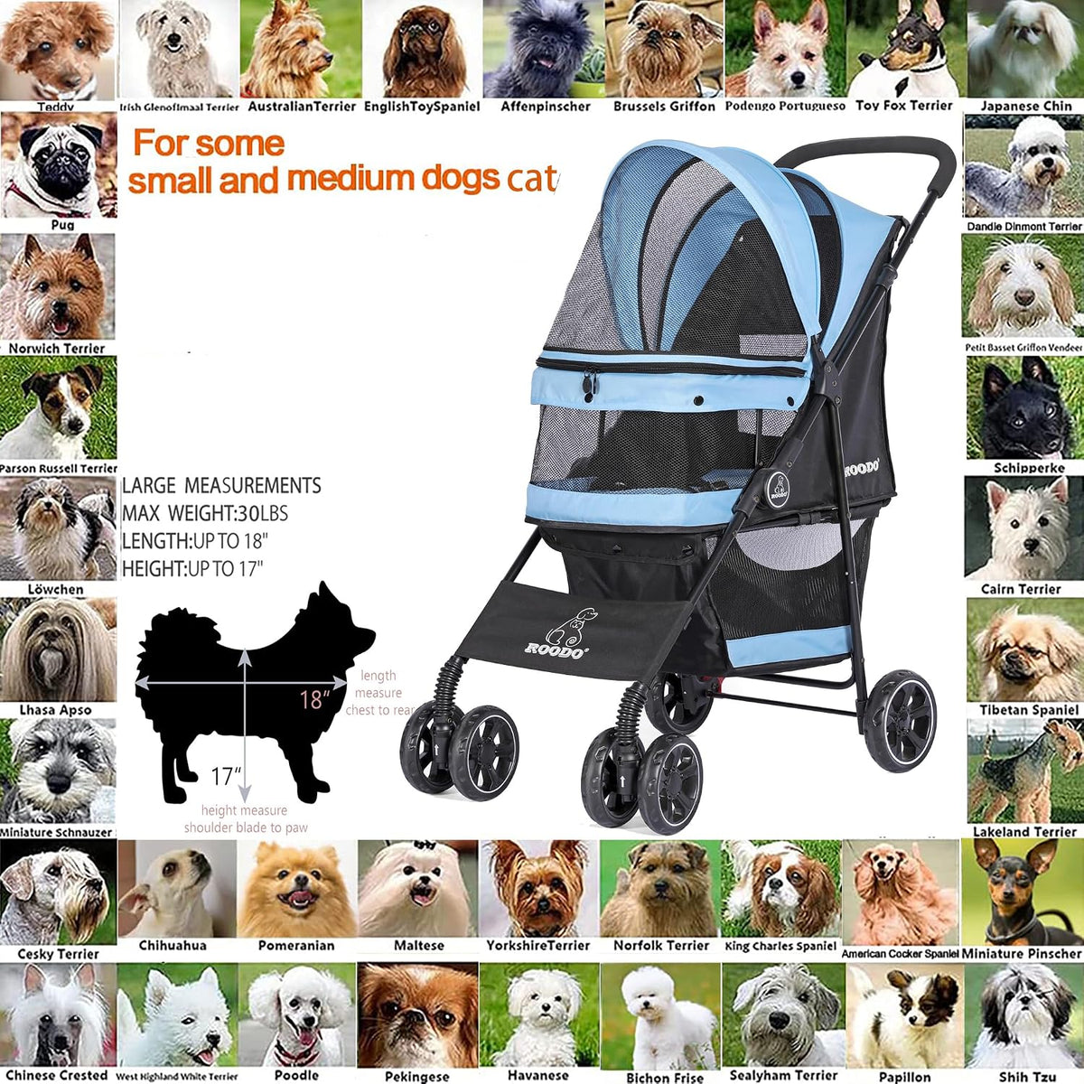 ROODO 4 Wheel Dog Cat Pet Stroller Best Lightweight Foldable Compact - Sky blue - image 4
