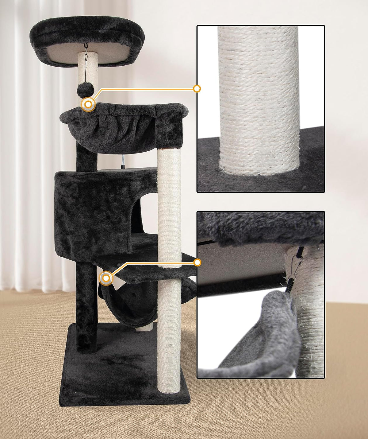 YUNIQUE Cat Tree with Cat Condo and Big Hammock, Grey – Essentials for Cats - 39.4'' Dark Grey - image 4