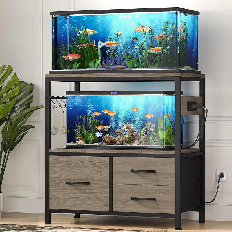 Heybly 20-29 Gal Fish Tank Stand with Drawer, Power Outlet - Greige / 20-29 gal