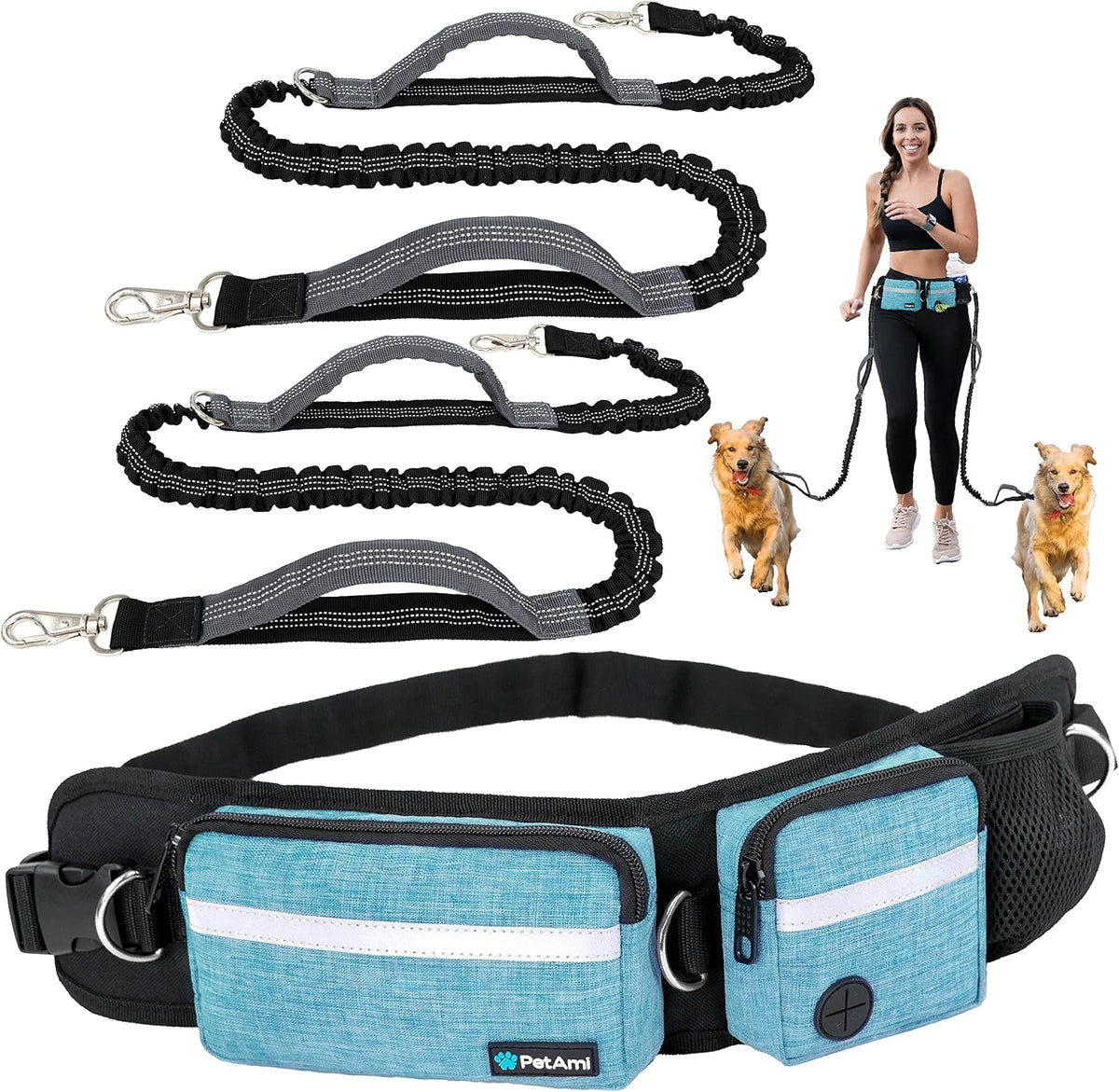 PetAmi Hands Free Dog Leash with Waist Running Belt Bag, Single – Essentials for Dogs - 2 Leashes / Turquoise