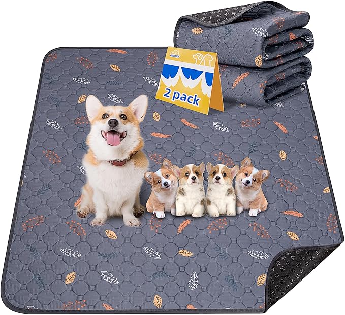 Sunheir Washable Pee Pads for Dogs 2-Pack Reusable Puppy Pads Pet Training Pads, Waterproof Dog Pee Pads for Crate, Whelping Pad, Non-Slip Protects Against Urine Leakage (Leaves - Deep Grey, 31x36)