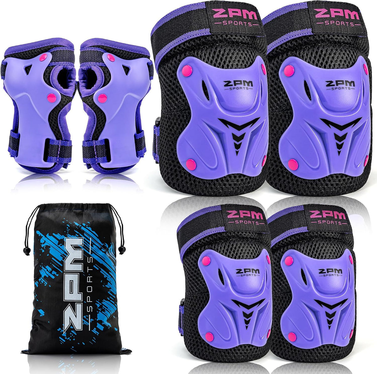 2PM SPORTS Knee and Elbow Pads Set with Wrist Guards for Kids Girls - Purple / Small