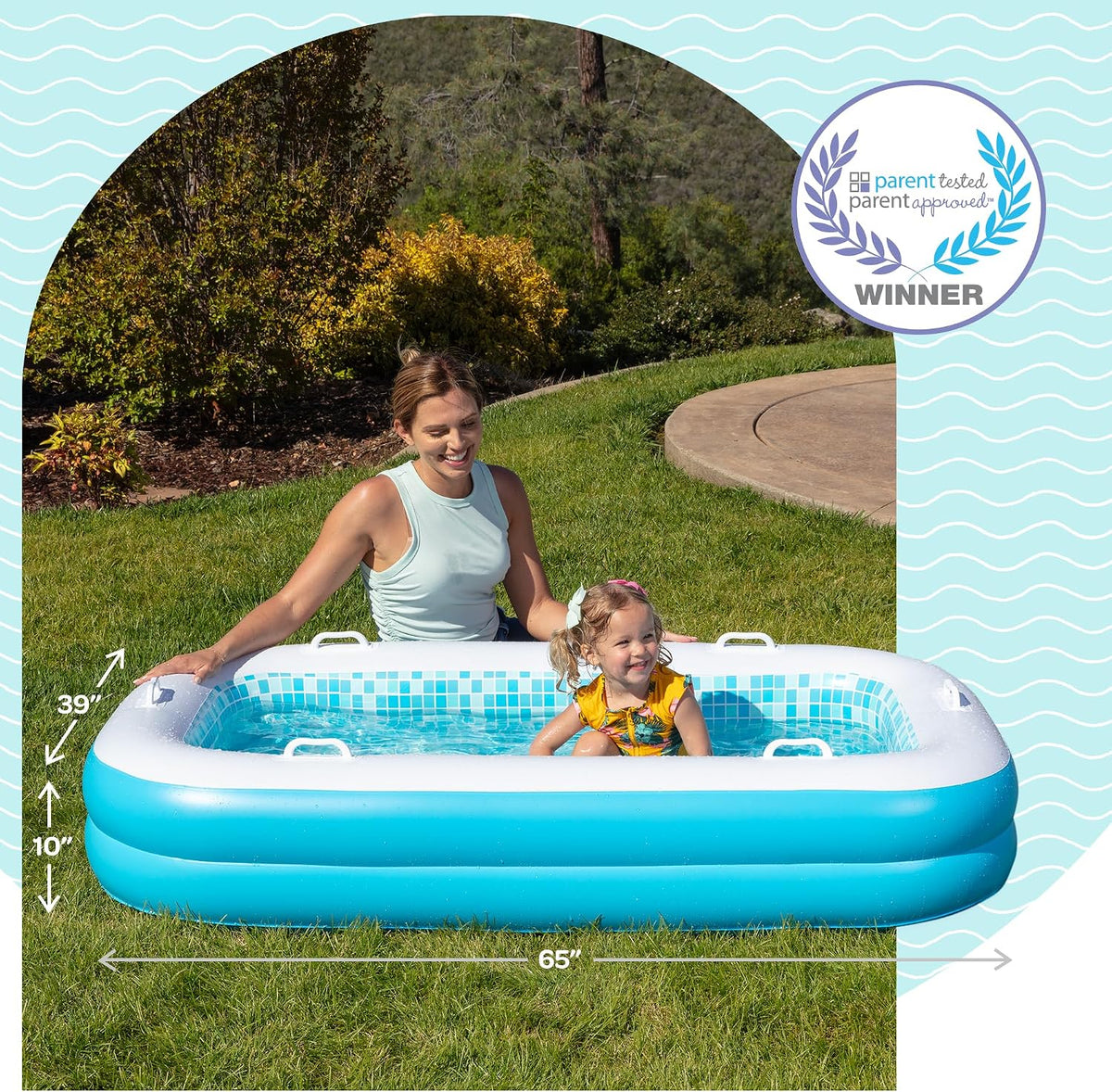 3-in-1 Inflatable Baby Pool, Safety Secure Grip Handles - 65" Rectangular Summer Blue - image 4