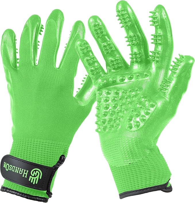 H HANDSON Pet Grooming Gloves - Patented #1 Ranked, Award Winning Shedding, Bathing, & Hair Remover Gloves - Gentle Brush for Cats, Dogs, and Horses (Mono Green, Junior)