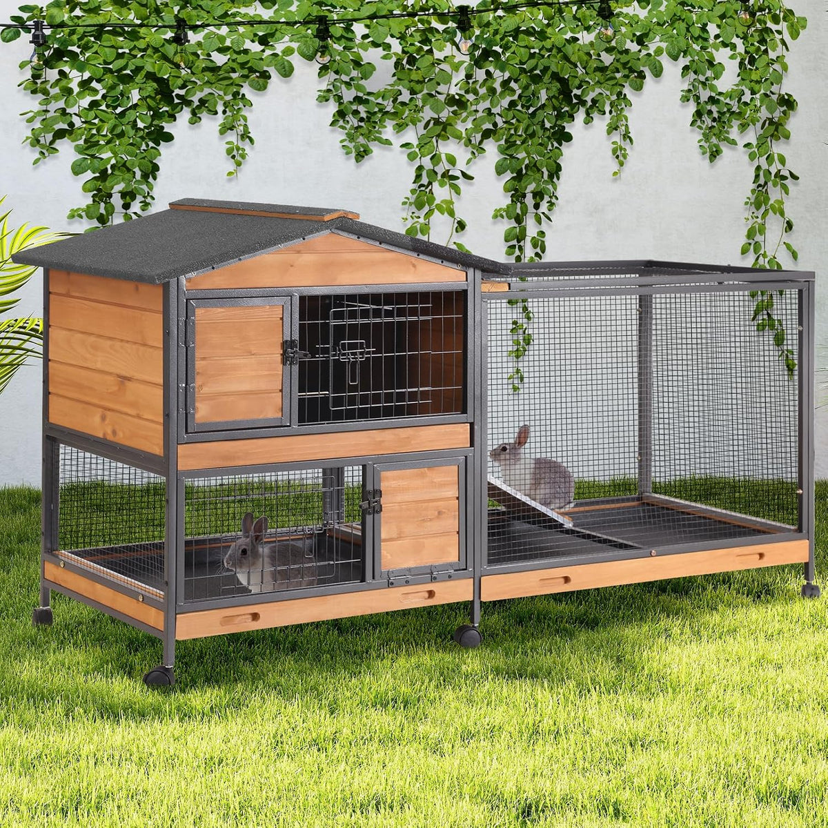 GUTINNEEN 2-Story Rabbit Hutch with Chew-Proof Full Metal Frame - Brown & Black
