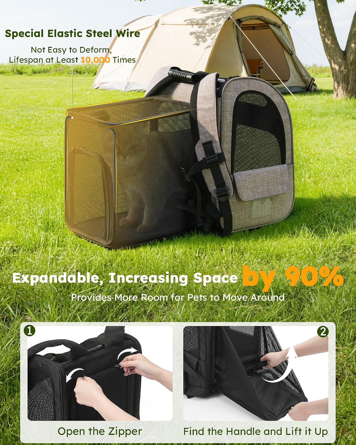 pecute Cat Backpack Expandable - Brown / 12.6"L x 10.2"W x 16.5"H / Mesh Window - image 3