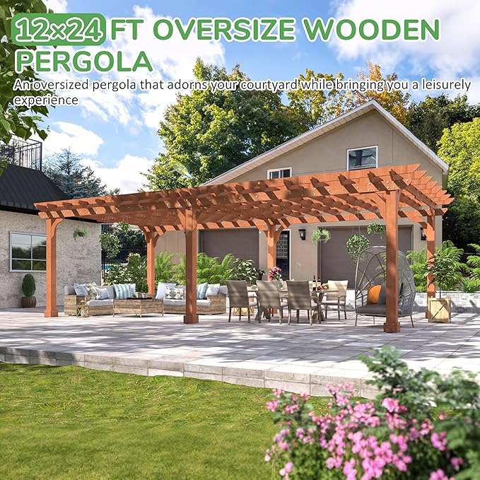 MUPATER 12x24 FT Wooden Pergola, All Cedar Wood Pergola Kit with Stakes, Quality Supported Structure, All-Season Durability, Snow and Wind Supported, Outdoor Shade for Backyard, Deck, Lawn, Patio