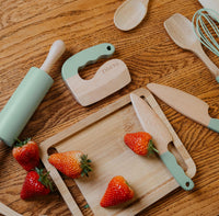 ZICOTO wooden kids cooking and baking set with knives, rolling pin, whisk and spatulas in sage - view 3