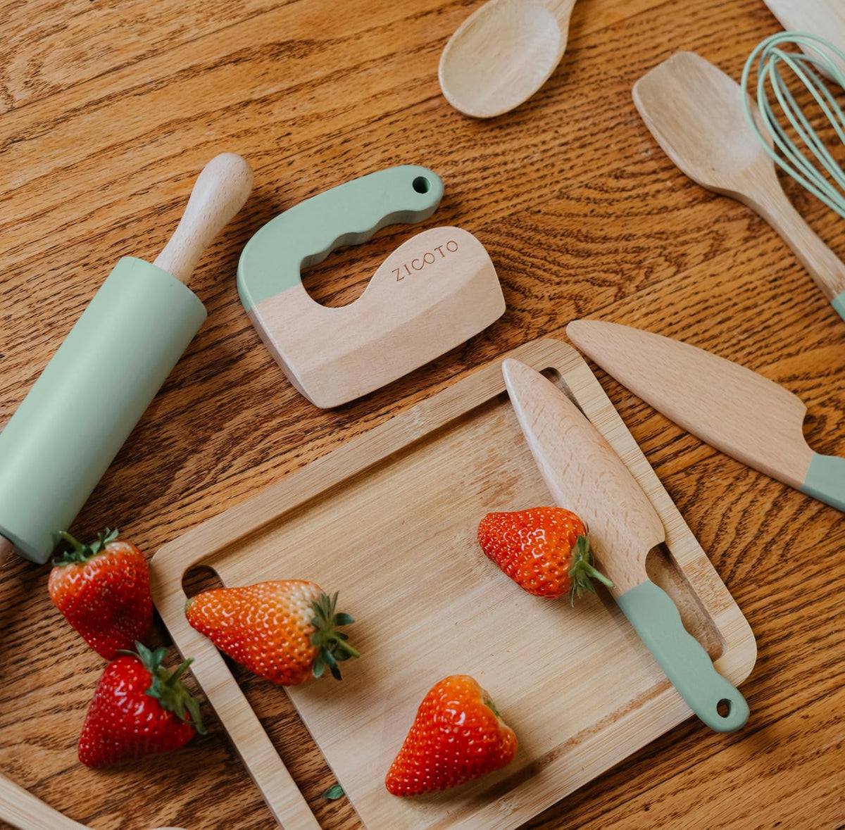 ZICOTO wooden kids cooking and baking set with knives, rolling pin, whisk and spatulas in sage - view 3