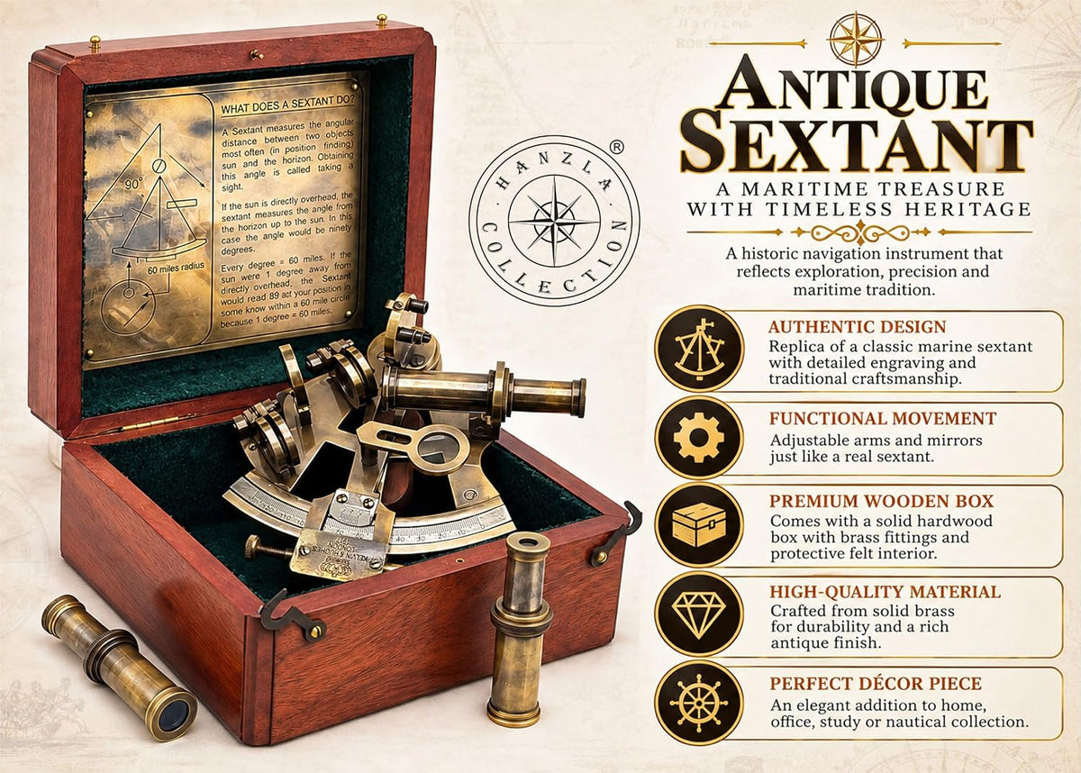 Hanzla Collection antique brass nautical sextant with wooden box and two extra sighting telescopes - view 4