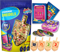 Izzy n Dizzy wooden Hanukkah dreidels 10 pack with coin gelt, gelt trays and instruction cards