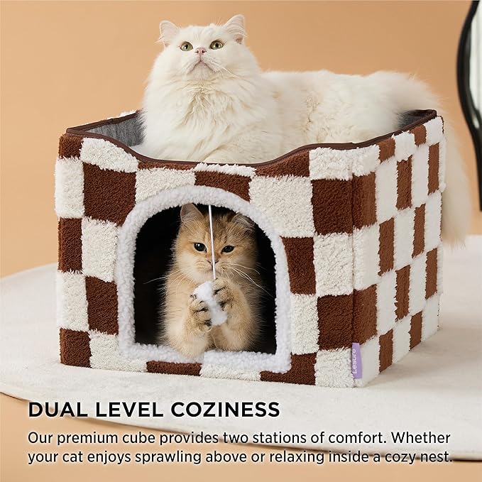 Lesure Indoor Cat Beds Kitten House - Large Cat Cave for Pet Cube with Fluffy Ball Hanging, Foldable Small Animal Hideaway, 16.5x16.5x13 inches, Brown Checks