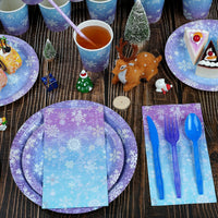 Zachely blue and purple snowflake paper plates, cups, napkins and cutlery set - view 4