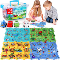 VESPRO 100PCS Car Track Set, 4 Series Puzzle Racer Play Set - 100p Puzzle Car Track Set