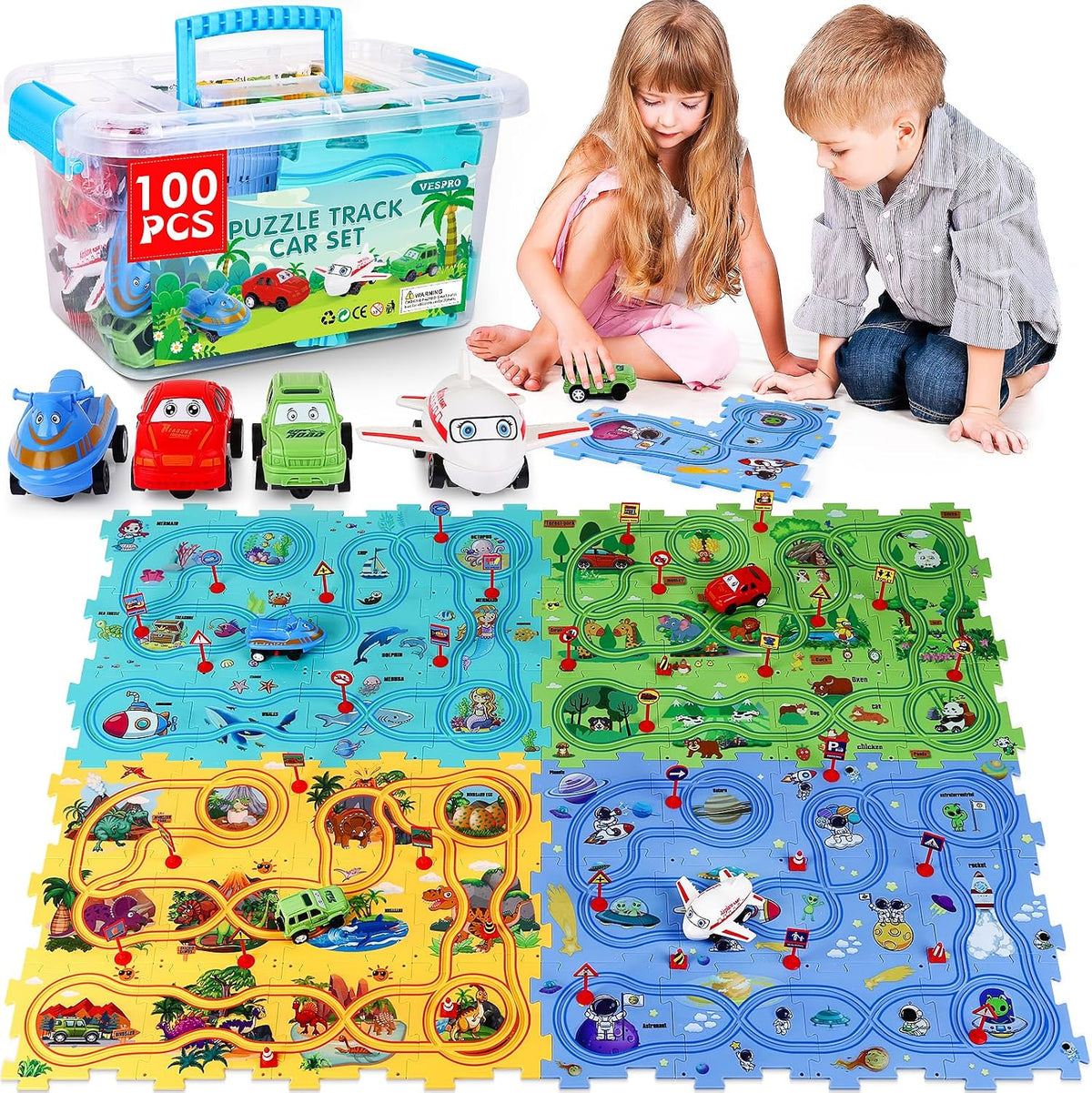 VESPRO 100PCS Car Track Set, 4 Series Puzzle Racer Play Set - 100p Puzzle Car Track Set