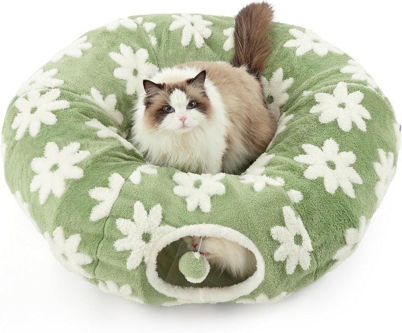 Lesure Donut Cute Jacquard Cat Tunnel Bed Kitten Toys for Puppy Bunny – Essentials for Cats - Standard (33.5"L x 33.5"W x 10"H) / Flower Garden Green