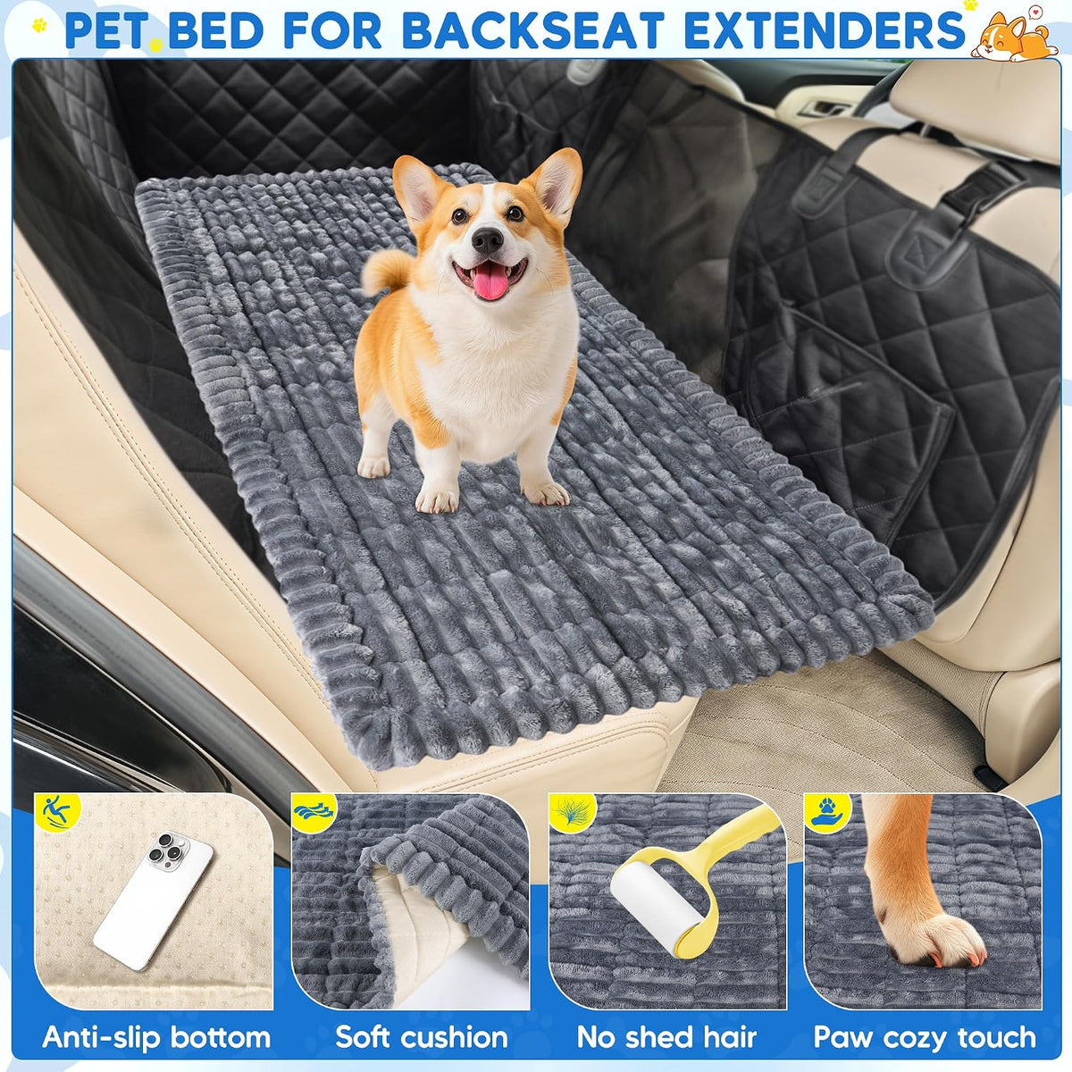 Dog Car Bed, Non-Slip Backseat Dog Bed Mat 50" L×24.6" W – Essentials for Dogs - Grey / XL（56"Lx28.7"M×1"H) - image 2