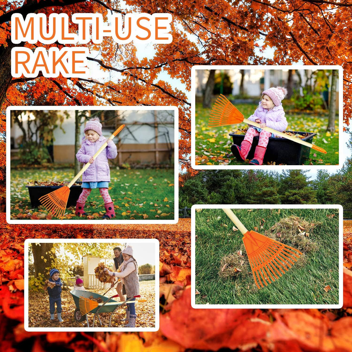 POMIKU kids rakes, four orange child size leaf rakes with wooden handles - view 4