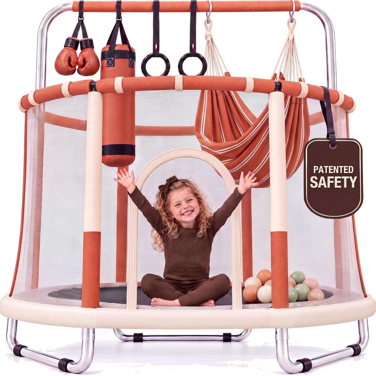 Happin 55’’ Trampoline for kids Safety Enclosure - Beige & Orange / Adventure