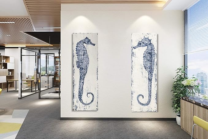 Yihui Arts, Seahorse Hand-Painted Wall Art on Canvas Abstract Artwork Art Wood Stretched Hanging Wall Decoration Sea Style Blue Painting for Home Decor
