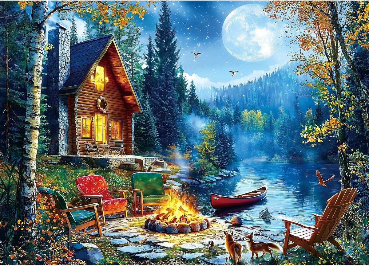1000 Piece Jigsaw Puzzles for Adults, Lakeside Cabin with Letter – Fun for Kids & Family - Blue - Lakeside Canoe / 27.5" X 19.7"