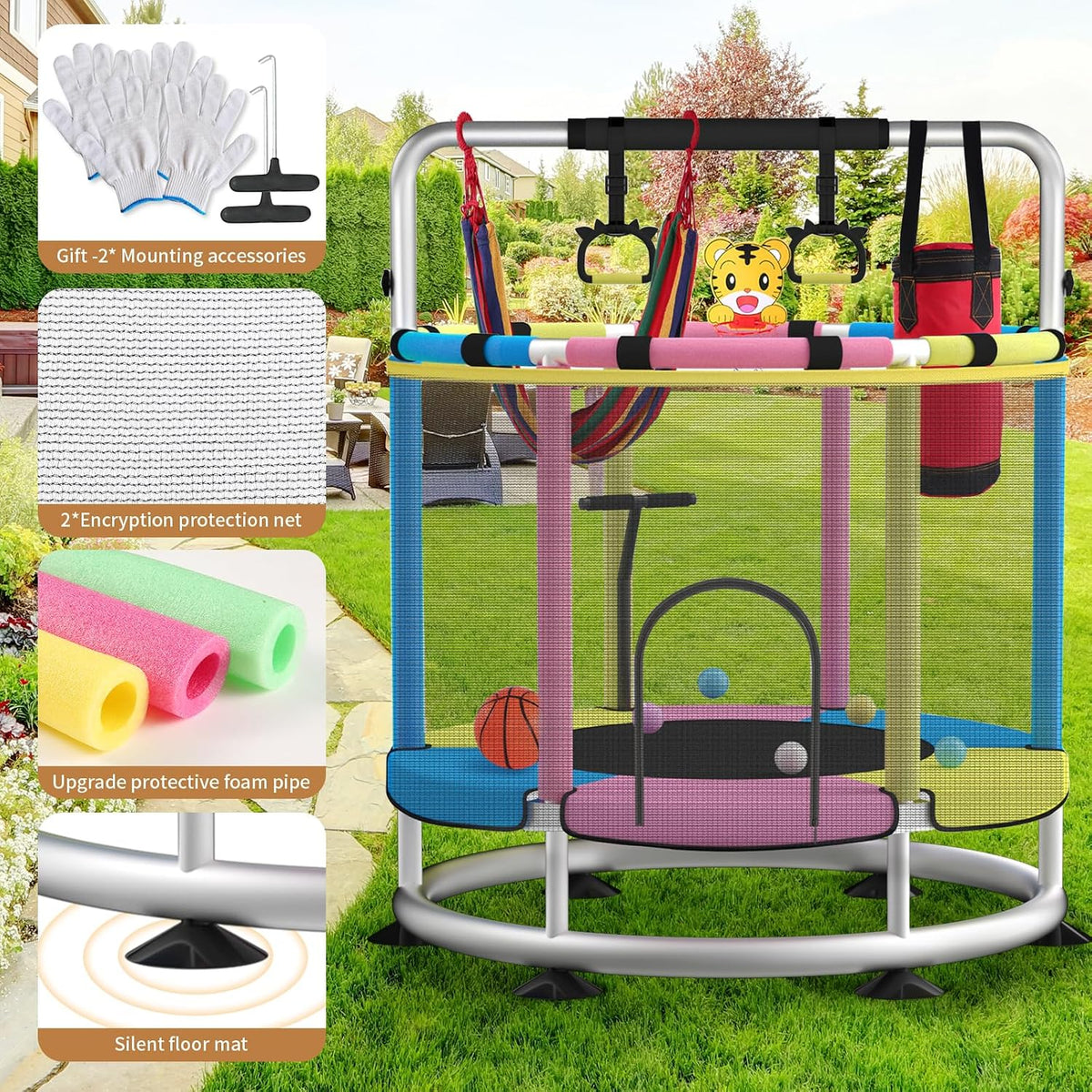 BLINWORLD toddler trampoline with enclosure net, T-handrail and basketball hoop - view 12