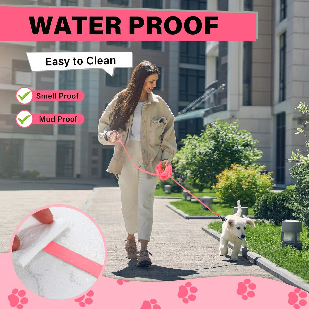 Waterproof Long Line Dog Training Leash, PVC-Coated - Pink / 30ft - image 4