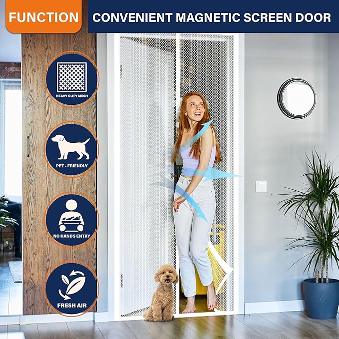 Magnetic Screen Door, Heavy Duty Door Screen Magnetic Closure Keep Bugs Out,Pet & Kid Friendly，Hands Free Door Screen Fit Door Size 32 x 80 Inches White
