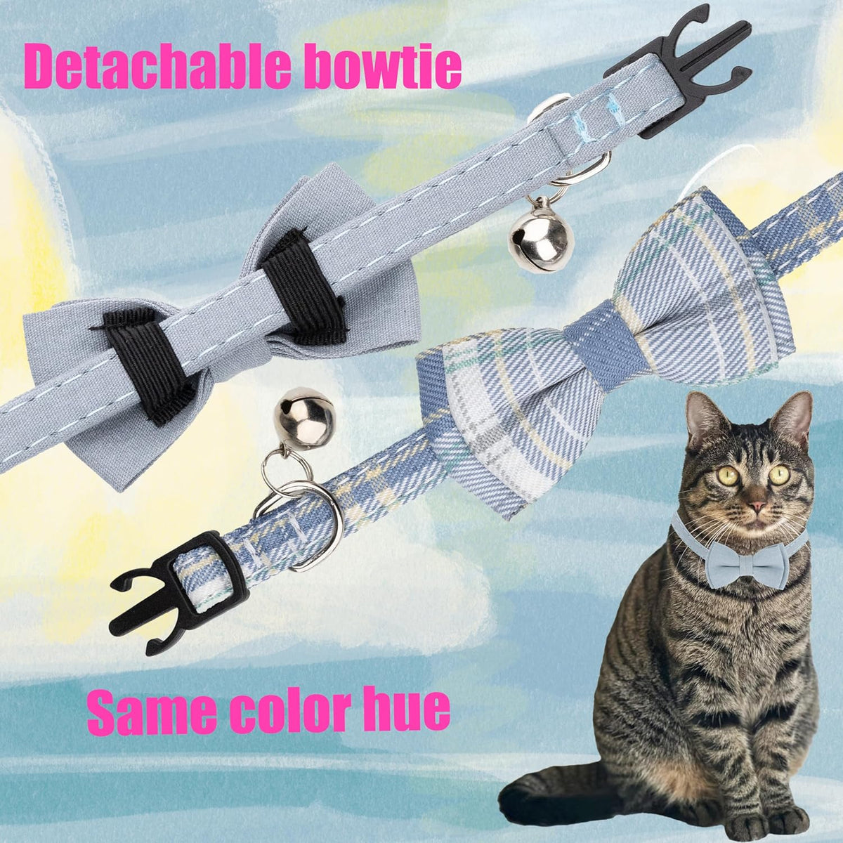 Cat Collar Breakaway Bowtie Safety with Bell Adjustbale Kitten Puppy - D-[2pcs] Blue - image 3