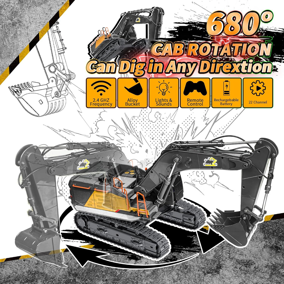 FUYLE 22 channel remote control excavator, 1/14 scale with alloy shovel and rubber tracks - view 4