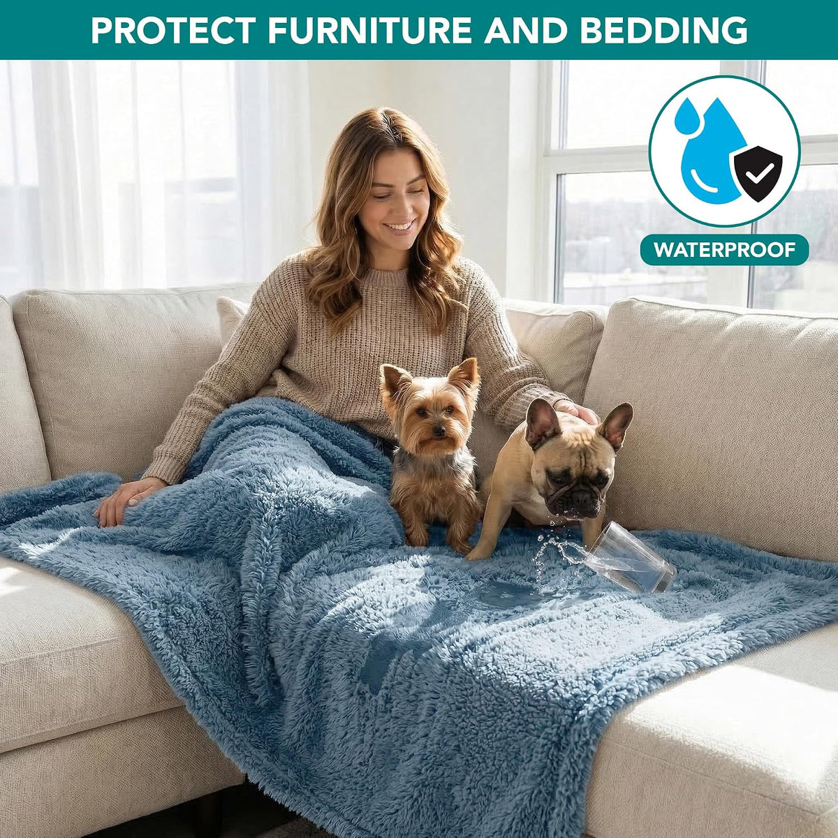 PetAmi Fluffy Sherpa Waterproof Dog Blanket for Small Pet Cat - Dusty Blue / Medium (29x40) - image 3