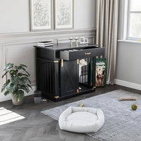 LZUUOB 37.8'' Dog Crate Furniture with Storage Drawer, Decorative Wooden Dog Kennel with Sliding Barn Door, Indoor Water Resistant Cage for Pet, Small, Medium, Large Dog (Black Gold Oak)