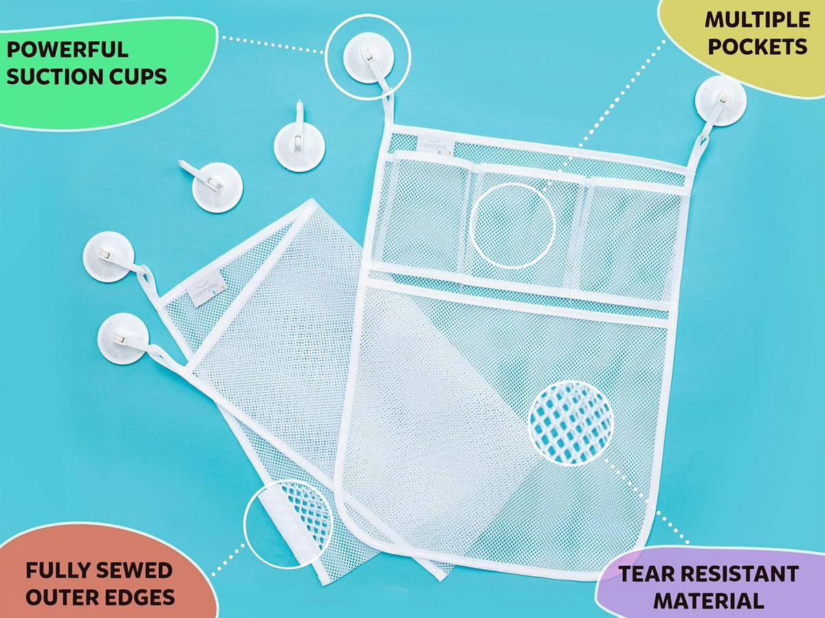 2 x Mesh Bath Toy Organizer + 8 Ultra Strong Hooks - White x2 - image 3