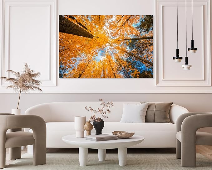 Nature Wall Art Prints - Ocean Forest Mountain Lake Canvas Landscapes - Small to Extra Large Living Room Bedroom Kitchen Bathroom Décor (Blue Sky Through Yellow Autumn Trees, 16L" x 24W")