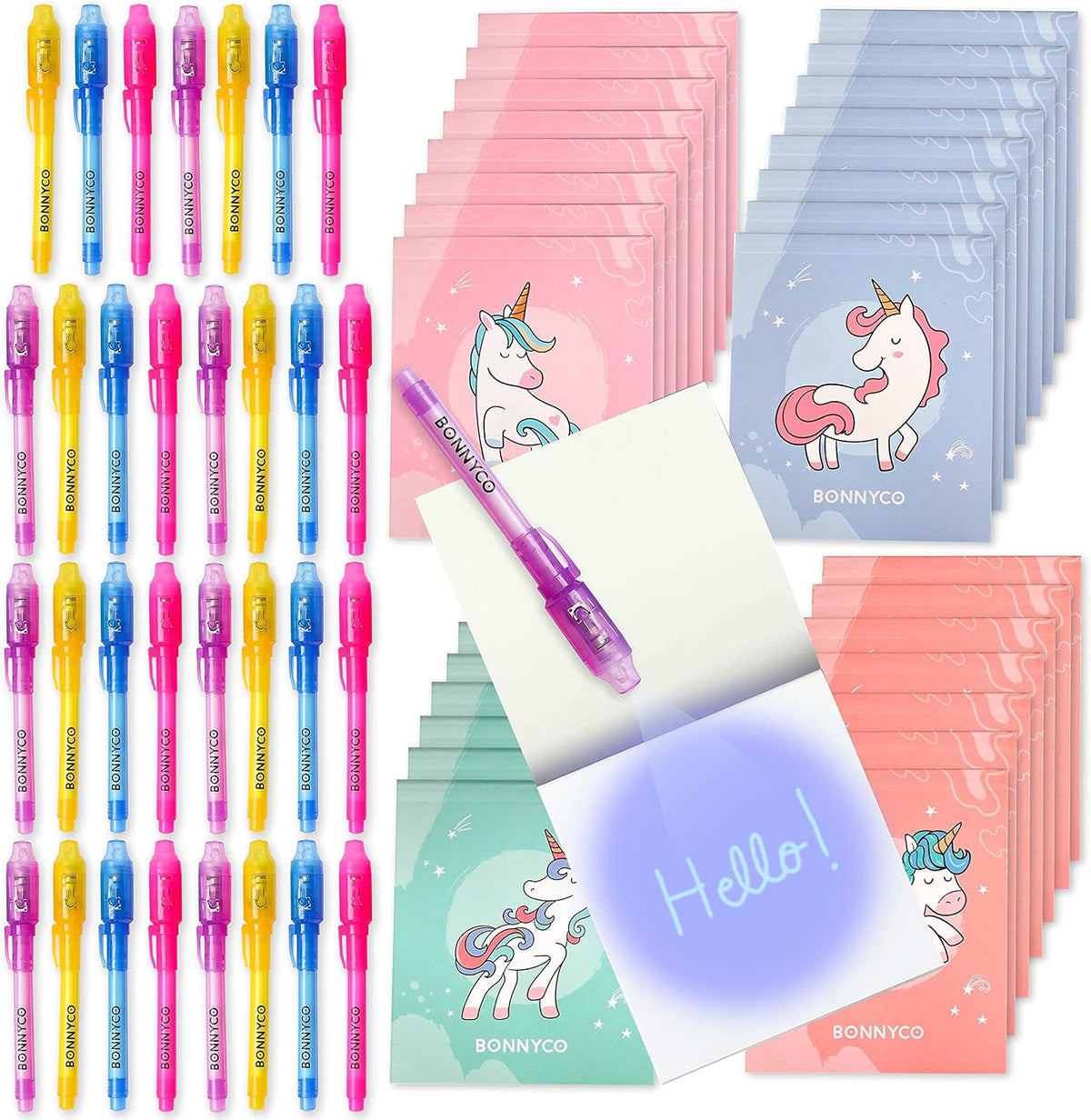BONNYCO Invisible Ink Pen and Notebook Pack of 16 Party Favors - Unicorns - Pack 32